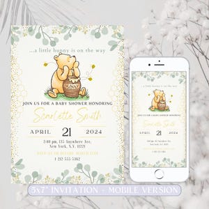 Classic Winnie The Pooh Baby Shower Invitation, Greenery Winnie Pooh Baby Shower Party, Gender Neutral Baby Shower Invite, Editable Template
