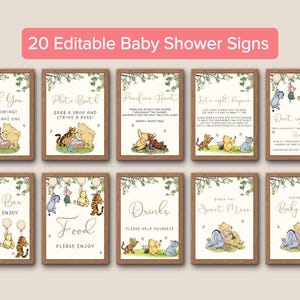 Może przedstawiać: Dwudzieścia drukowanych tabliczek na baby shower z Winniem the Poohem i jego przyjaci&oacute;łmi. Tabliczki są w rustykalnym stylu z brązowym drewnianym tłem i zielonymi liśćmi. Tabliczki zawierają takie zwroty jak "Dziękuję za przybycie", "Fotobudka", "Bar z taco", "Jedzenie", "Napoje", "Zgadnij słodki posiłek" i "Zgadnij jedzenie dla dziecka".