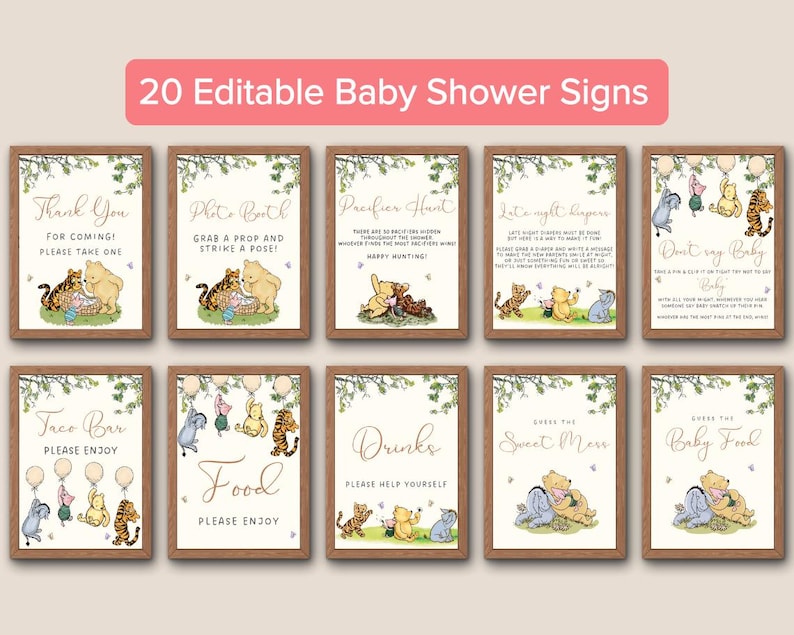 Może przedstawiać: Dwudzieścia drukowanych tabliczek na baby shower z Winniem the Poohem i jego przyjaci&oacute;łmi. Tabliczki są w rustykalnym stylu z brązowym drewnianym tłem i zielonymi liśćmi. Tabliczki zawierają takie zwroty jak "Dziękuję za przybycie", "Fotobudka", "Bar z taco", "Jedzenie", "Napoje", "Zgadnij słodki posiłek" i "Zgadnij jedzenie dla dziecka".