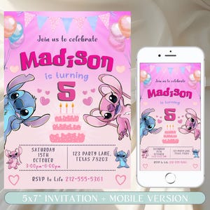 Editable Stitch Birthday Invitation, Stitch and Angel Birthday Invitation, Digital Party Invite, Stitch Birthday Party Invitation Printable image 1
