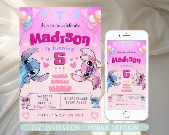 Editable Stitch Birthday Invitation, Stitch and Angel Birthday Invitation, Digital Party Invite, Stitch Birthday Party Invitation Printable