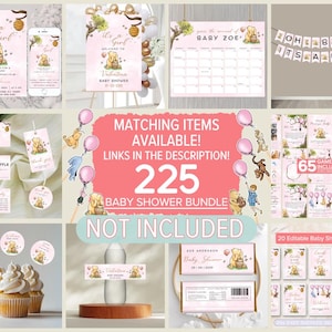 May include: A Winnie the Pooh themed baby shower bundle with pink and white decorations. The bundle includes invitations, favor tags, cupcake toppers, a welcome sign, a calendar, a banner, games, and editable signs. The text "225 Baby Shower Bundle" is displayed in a pink circle.