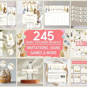 Lot modifiable pour baby shower Winnie l'ourson. Invitation vintage Winnie Bear. Décorations pour baby shower, enseignes, jeux, carton. Décoration imprimable S1