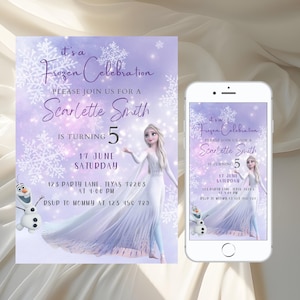 Modèle modifiable d'invitation d'anniversaire La Reine des neiges, princesse Elsa Girl Evite, invitation numérique à une fête d'anniversaire pour les filles, téléchargement immédiat