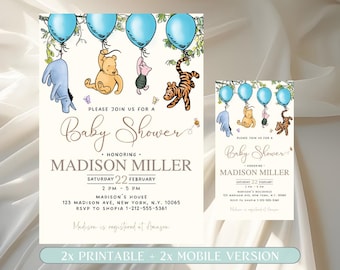 Invitación para baby shower de Winnie the Pooh, invitación azul de Winnie the Pooh, invitación digital de Winnie the Pooh, plantilla imprimible para baby shower de niño