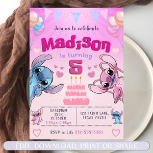Editable Stitch Birthday Invitation, Stitch and Angel Birthday Invitation, Digital Party Invite, Stitch Birthday Party Invitation Printable image 2