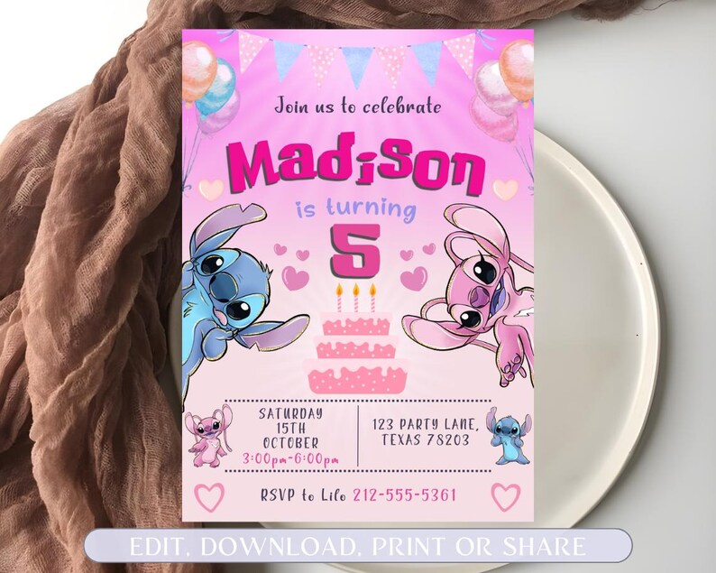 Editable Stitch Birthday Invitation, Stitch and Angel Birthday Invitation, Digital Party Invite, Stitch Birthday Party Invitation Printable image 2