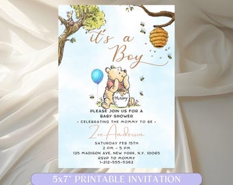 Editable Winnie The Pooh Baby Shower Invitation, Winnie Pooh Invitation Its A Boy Pooh Invite Blue Evite Printable Template Instant Download