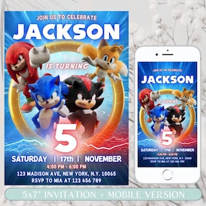 3 Faire-part d'anniversaire Sonic, Faire-part Sonic modifiable, Faire-part imprimable Super Sonic, Faire-part de fête Super hérisson, modèle Canva