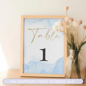 Baptism Table Numbers Template, Christening Table Numbers, Blue Table Numbers, Printable Table Number Blue Watercolor Boy Gold Baptism Decor