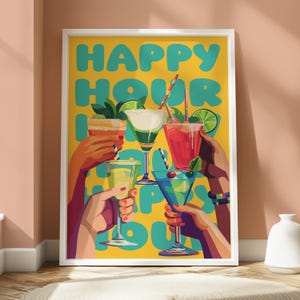 Póster de cóctel de happy hour - Arte mural de cocina - Póster de bebidas - Impresión de cócteles - Arte mural de cócteles - Diseño de happy hour - Impresión vibrante - Divertida