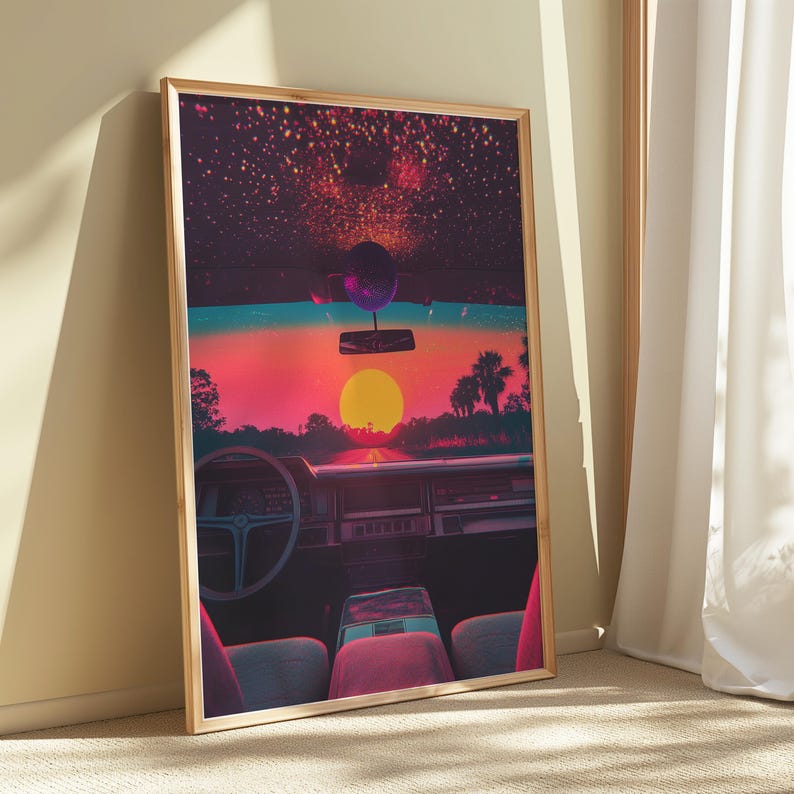 May include: A retro-style car driving through a sunset landscape with a starry sky above. The car's interior is visible, including the steering wheel and dashboard. The sun is setting in the distance, casting a warm glow over the scene.