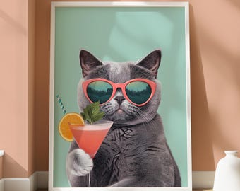 Gato británico de pelo corto - Póster de cóctel - Diseño animal peculiar - Arte mural de gatos - Decoración del hogar para amantes de los animales - Retrato de gato - Arte mural divertido de gatos