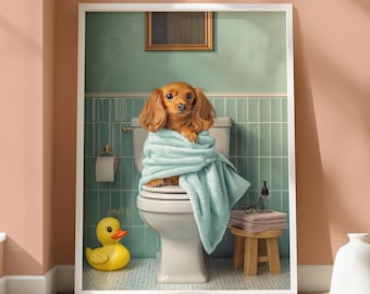 Poster bassotto - Stampa cane eccentrica - Arte murale cane piccolo - Decorazione bagno per amanti dei cani - Ritratto di cane divertente - Adorabile design bassotto