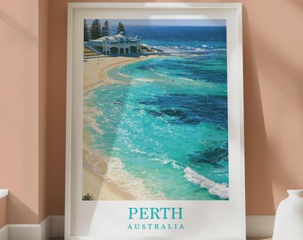 Póster turístico de Perth, Australia, lámina decorativa de la playa de Cottesloe, lámina oceánica de estilo vintage.