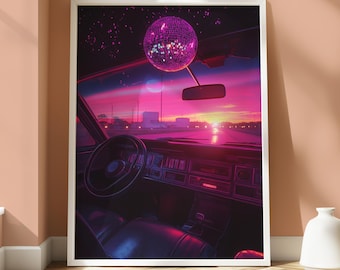 Retro Car Sunset Poster - Vintage Car Dashboard Print - Sunset Print - Retro Aesthetic - Disco Sunset Print - Home Decor - Vibrant Wall Art