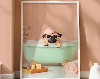 Pug Bath Poster - Quirky Dog Print - Pug Wall Art - Dog Lovers Bathroom Decor - Funny Dog Portrait - Humorous Design - Pug Design Wall Art