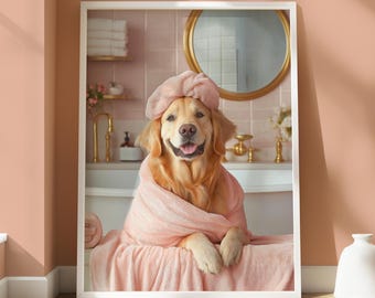 Póster de Golden Retriever para el baño - Lámina de perro original - Decoración de pared de Golden Retriever - Decoración de baño para amantes de los perros - Retrato de perro divertido - Diseño humorístico