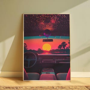 May include: A retro car driving towards a sunset with a disco ball hanging from the rearview mirror. The sky is filled with stars.