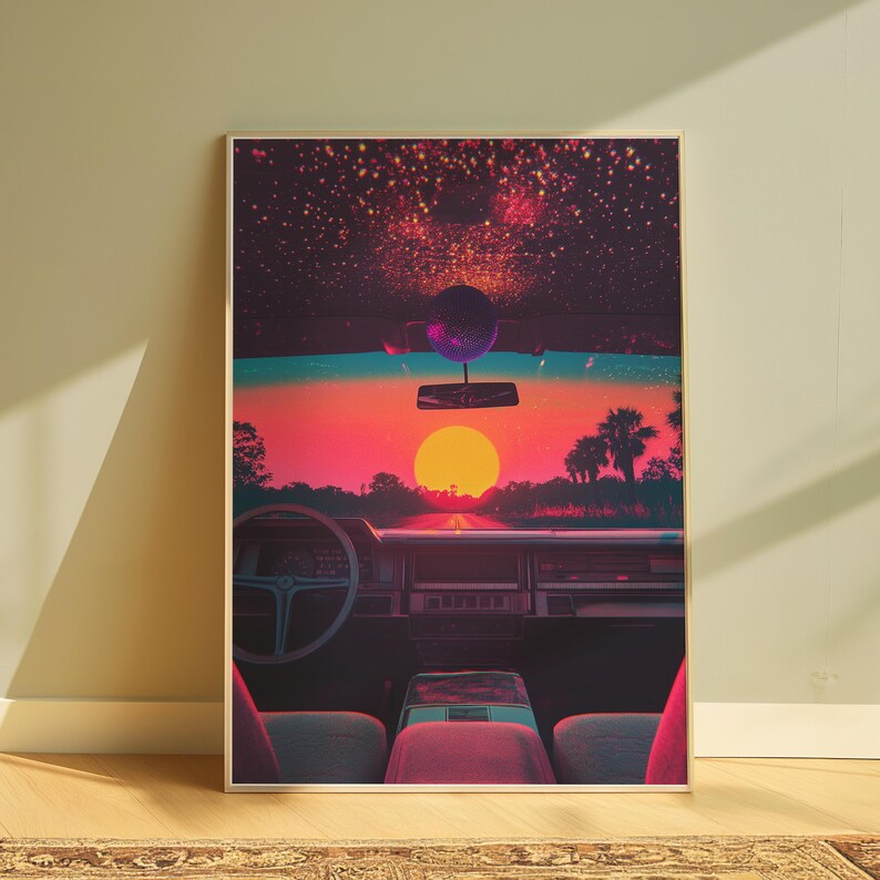 May include: A retro car driving towards a sunset with a disco ball hanging from the rearview mirror. The sky is filled with stars.