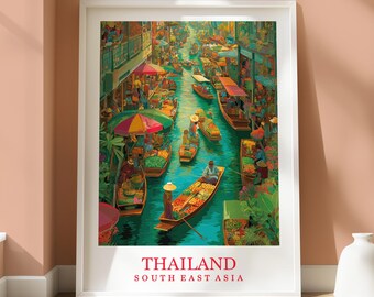 タイの水上マーケット/イラスト/旅行イラスト/アートプリント/A5、A4
