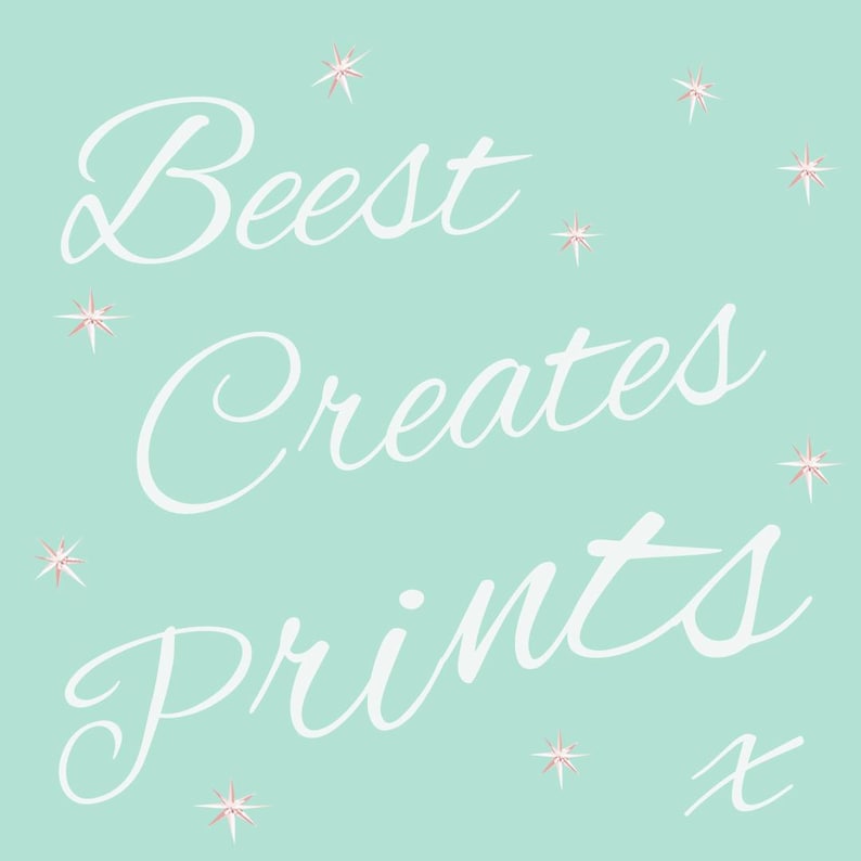 May include: White text on a light blue background reads "Beest Creates Prints" with a small "x" at the bottom right. The text is in a cursive font and is surrounded by small white stars.