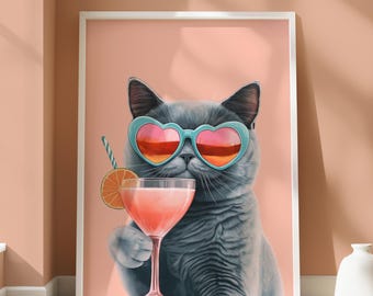 Póster de gato gris - Póster de cóctel de gato - Diseño animal original - Arte de pared de gato - Decoración para el hogar para amantes de los animales - Retrato de mascota de gato - Divertido arte de pared de gato