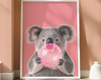 Koala Blowing Bubblegum Poster - Playful Koala Print - Animal Wall Art - Charming Koala Print - Fun Animal Wall Art - Pink Bubblegum Print