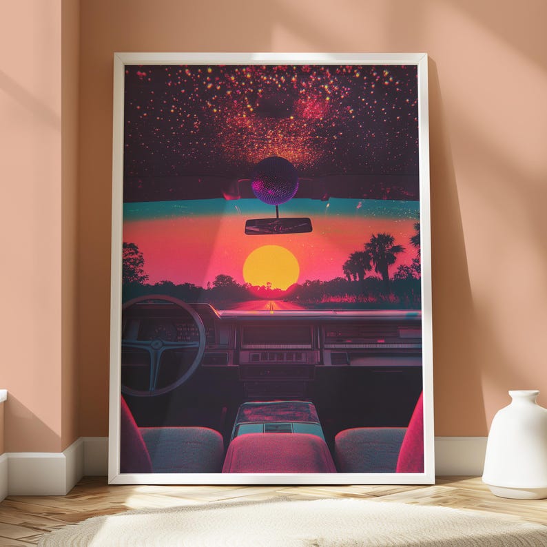 May include: A retro-style illustration of a car driving into a sunset with a disco ball hanging from the rearview mirror. The sky is filled with stars and the sun is a bright orange.
