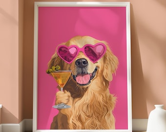 Puede incluir: Impresión enmarcada de un golden retriever con gafas de sol rosas en forma de corazón, sosteniendo una copa de martini con aceitunas. El perro sonríe con la lengua fuera sobre un fondo rosa brillante.