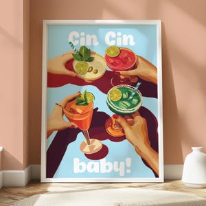 Póster de cócteles para bebés Cin Cin - Arte mural para la cocina - Póster de bebidas - Arte mural de cócteles - Diseño Cin Cin - Diseño vibrante y divertido