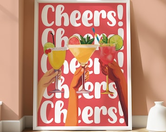 Cartaz de coquetel Cheers - Impressão de coquetel - Arte de parede de cozinha - Cartaz de bebidas - Arte de coquetel - Arte de parede de coquetel - Design divertido 'Cheers' - Brilhante