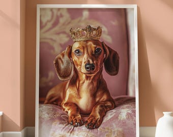 Weenie Dog Poster - Dachshund Wall Art - Animal Lovers Home Decor - Fun Dog Portrait - Crowned Weenie Dog Print - Dachshund Poster - Dog Art