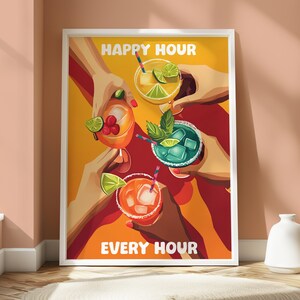 Póster de cóctel de happy hour - Arte mural de cocina - Póster de bebidas - Impresión de cócteles - Arte mural de cócteles - Diseño de happy hour - Impresión vibrante - Divertida