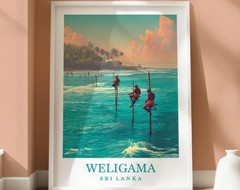 Póster de ubicación de Weligama - Arte mural de viaje de Sri Lanka - Decoración de hogar de viaje - Impresión de ubicación - Impresión de viaje de Weligama - Pescadores fotografiados en Sri Lanka