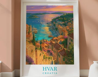 Póster de viaje de Hvar, Croacia, lámina decorativa con la puesta de sol en el puerto del Adriático, lámina de la isla croata.