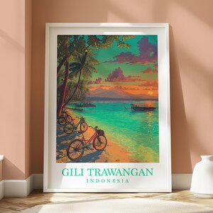 May include: Framed art print depicting a tropical beach scene with bicycles, boats, and palm trees. The artwork shows a vibrant sunset over turquoise water, with the text "GILI TRAWANGAN INDONESIA" at the bottom.