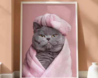 British Shorthair Cat - Animal Bathroom Poster - Quirky Animal Design - Grey Cat Wall Art - Cat Lovers Home Decor - Pink Pet Portrait - Cat