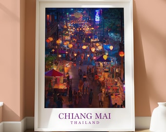 Póster de los mercados de Chiang Mai - Impresión de los mercados nocturnos de Chiang Mai - Decoración de viaje para el hogar - Arte mural con ubicación - Decoración de viaje - Mercados nocturnos de Chiang Mai