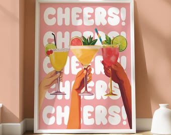 Cartaz de coquetel Cheers - Impressão de coquetel - Arte de parede de cozinha - Cartaz de bebidas - Arte de coquetel - Arte de parede de coquetel - Design divertido 'Cheers' - Brilhante