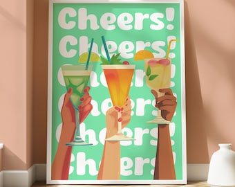 Cartaz de coquetel Cheers - Impressão de coquetel - Arte de parede de cozinha - Cartaz de bebidas - Arte de coquetel - Arte de parede de coquetel - Design divertido 'Cheers' - Brilhante