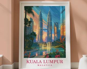 Póster de Kuala Lumpur, lámina de viaje de Malasia, arte mural de las Torres Petronas, horizonte de la ciudad de KL