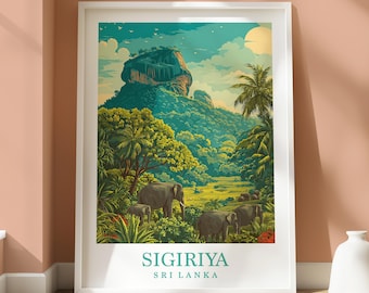 Impresión de viaje de la Roca de los Leones de Sigiriya - Arte mural de viaje de Sri Lanka - Decoración de hogar de viaje - Fotografía de safari de la Roca de los Leones - Sri Lanka - Elefantes de Sigiriya