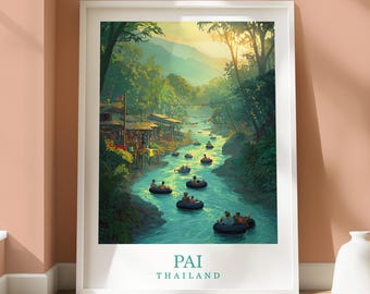 Póster de ubicación de Pai - Impresión de viaje de Pai Tipsy Tubing - Decoración de viaje para el hogar - Arte de ubicación - Decoración de viaje - Impresión de viaje a Tailandia - Pai, Tailandia