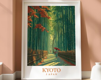 May include: Framed art print featuring a serene path through a bamboo forest in Kyoto, Japan. A person with a red umbrella walks along the path. The print includes the text "KYOTO JAPAN" in orange.