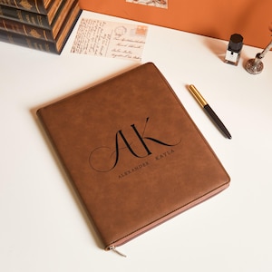 Personalized Leather Portfolio with Zipper, Refillable Padfolio 10x12