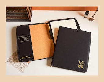 Personalized Leather Zipper Portfolio, Refillable Padfolio, Graduation Gift