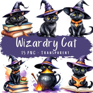 Wizardry Cat Clipart Bundle 15 PNG Digital Art Watercolor Magic Witch Cat Clip Art Black Cat Clipart Pack Digital Stickers Junk Journal