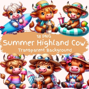 Summer Highland Cow Clipart Bundle 18 PNG High Quality Cartoon Cute Beach Highland Hairy Cow Digital Download Digital Crafting Images