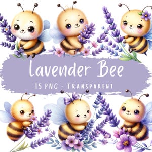Bundle de cliparts lavande abeille 15 PNG haute qualité mignon aquarelle abeille en téléchargement numérique Bébé abeille cartes imprimables graphiques numériques abeilles florales